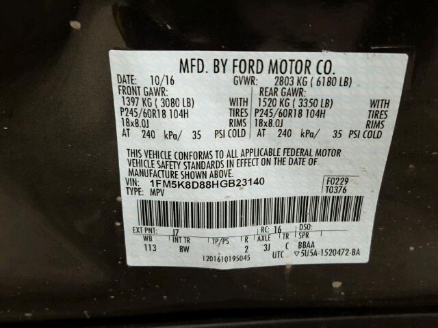 1FM5K8D88HGB23140 - 2017 FORD EXPLORER X GRAY photo 10