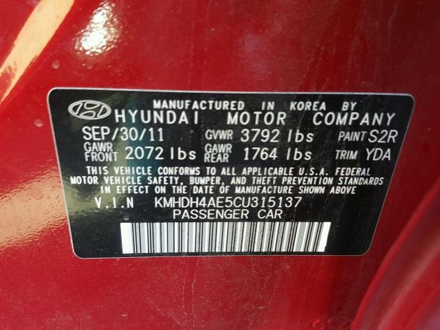 KMHDH4AE5CU315137 - 2012 HYUNDAI ELANTRA GL RED photo 10