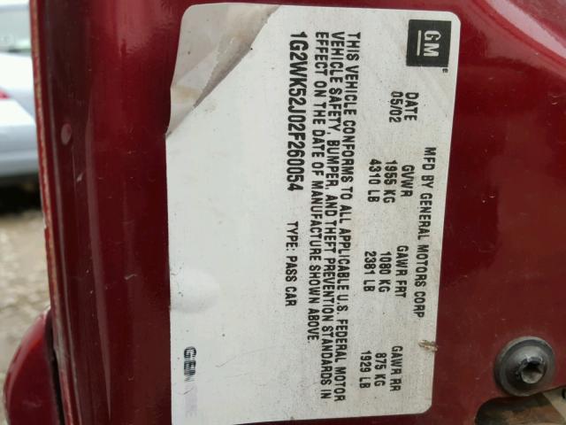 1G2WK52J02F260054 - 2002 PONTIAC GRAND PRIX RED photo 10