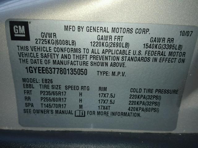 1GYEE637780135050 - 2008 CADILLAC SRX BEIGE photo 10