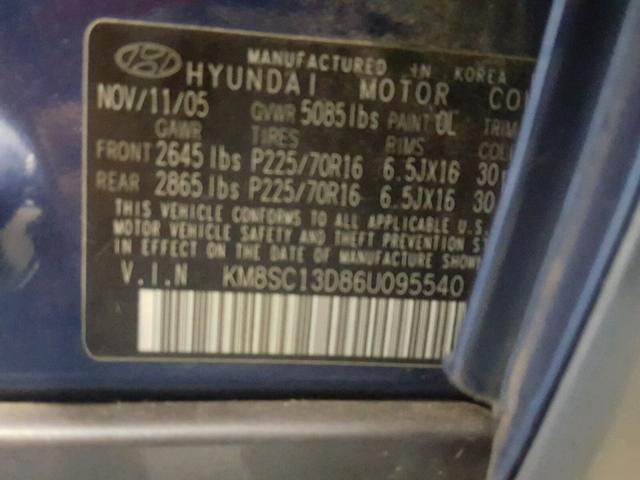 KM8SC13D86U095540 - 2006 HYUNDAI SANTA FE G BLUE photo 10