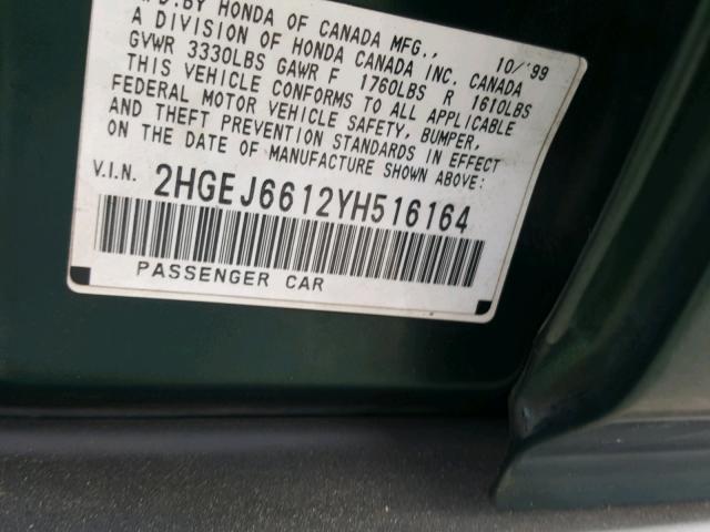 2HGEJ6612YH516164 - 2000 HONDA CIVIC BASE GREEN photo 10