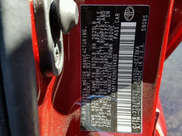 4T1BF1FK2HU754930 - 2017 TOYOTA CAMRY LE 红色 照片 10