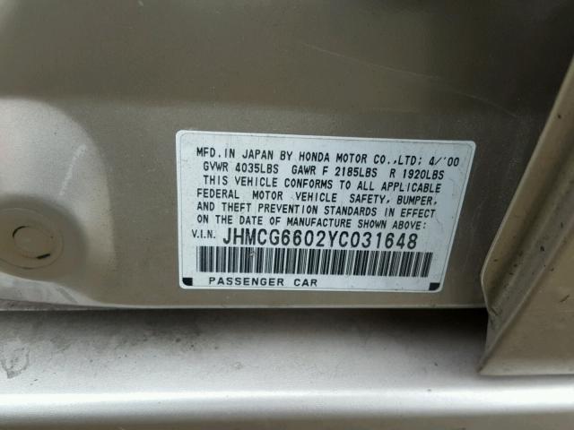 JHMCG6602YC031648 - 2000 HONDA ACCORD EX 金色 照片 10
