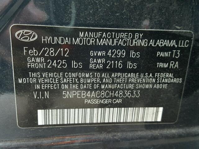 5NPEB4AC8CH483633 - 2012 HYUNDAI SONATA GLS BLUE photo 10