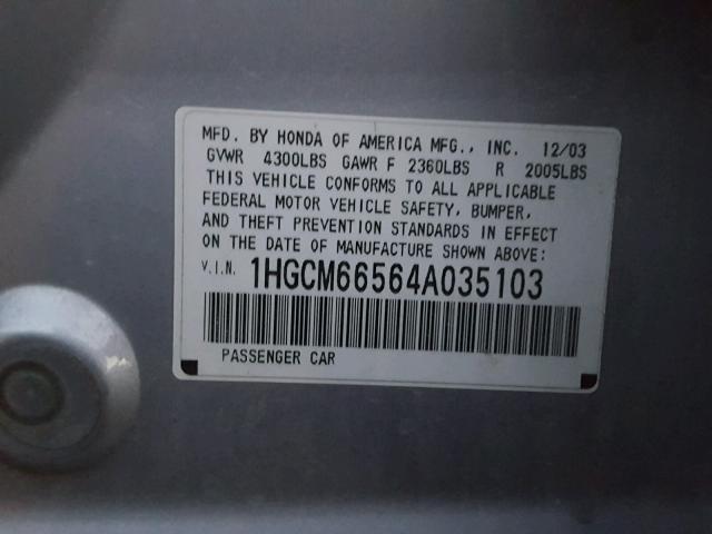 1HGCM66564A035103 - 2004 HONDA ACCORD EX SILVER photo 10