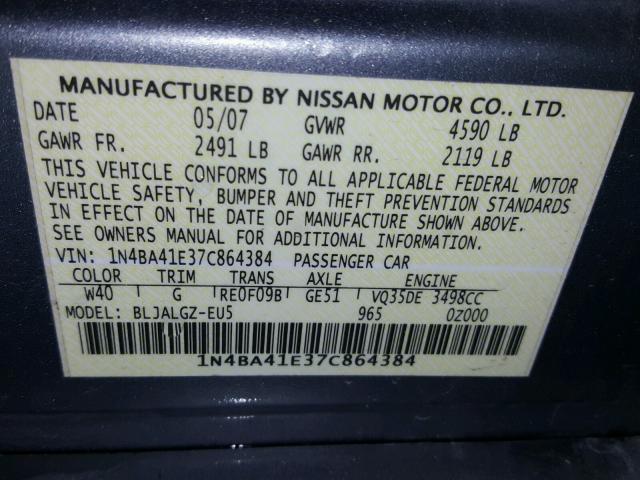 1N4BA41E37C864384 - 2007 NISSAN MAXIMA SE CHARCOAL photo 10