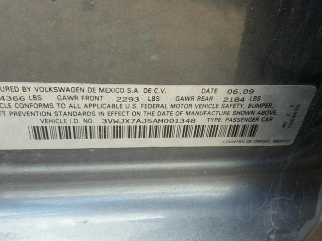 3VWJX7AJ5AM001348 - 2010 VOLKSWAGEN JETTA S GRAY photo 10