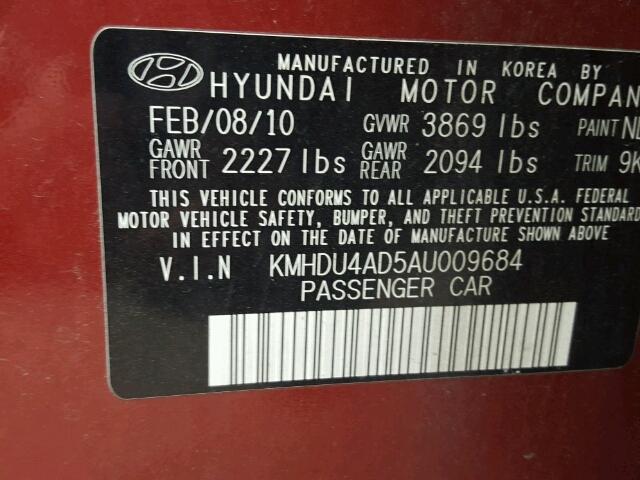 KMHDU4AD5AU009684 - 2010 HYUNDAI ELANTRA BL RED photo 10