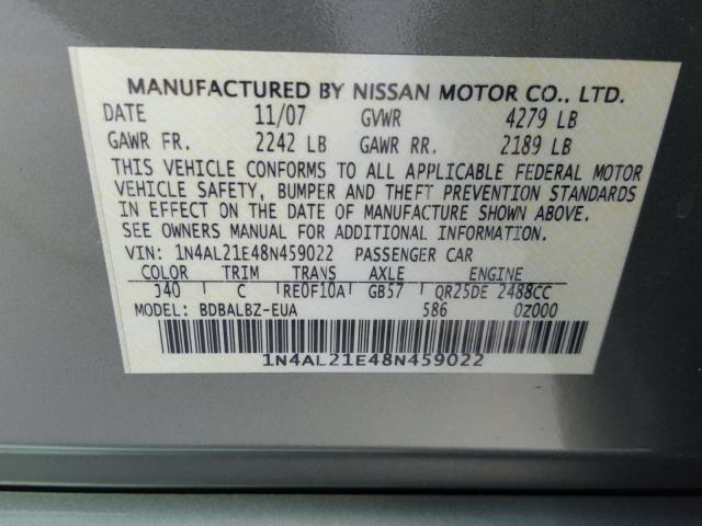 1N4AL21E48N459022 - 2008 NISSAN ALTIMA 2.5 GREEN photo 10