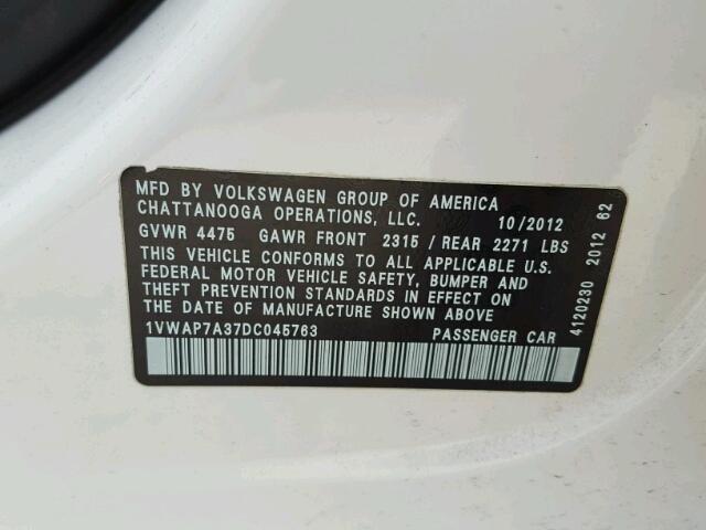1VWAP7A37DC045763 - 2013 VOLKSWAGEN PASSAT S أبيض صورة 10