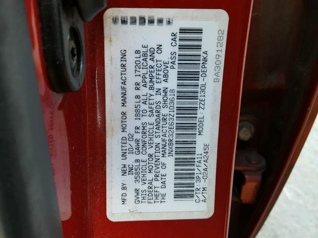 1NXBR32E63Z103618 - 2003 TOYOTA COROLLA CE RED photo 10