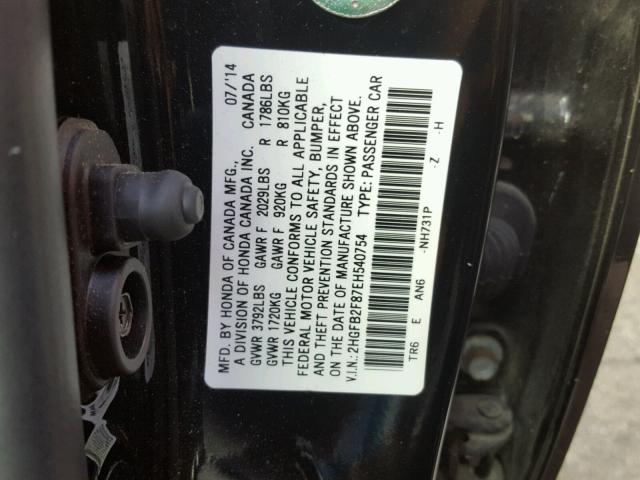 2HGFB2F87EH540754 - 2014 HONDA CIVIC EX BLACK photo 10