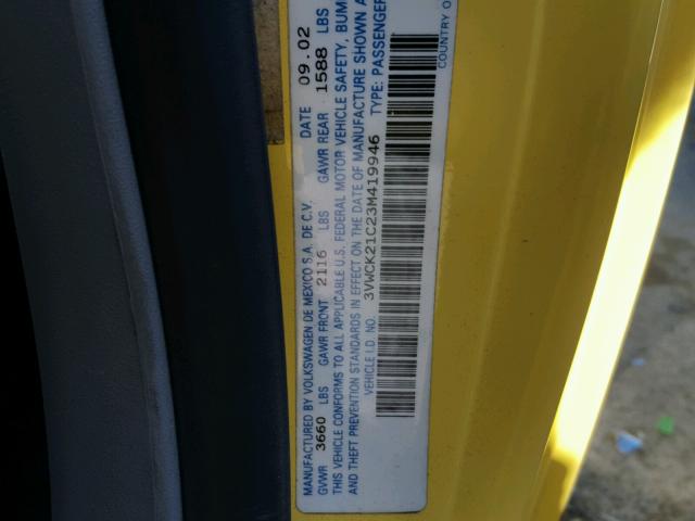 3VWCK21C23M419946 - 2003 VOLKSWAGEN NEW BEETLE Sarı foto 10