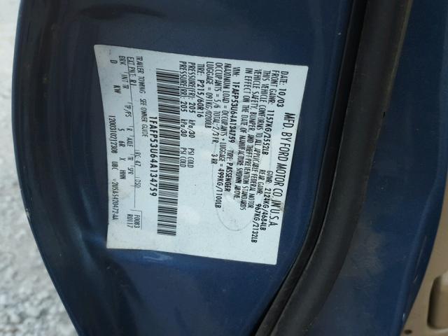 1FAFP53U94A149661 - 2004 FORD TAURUS SE BLUE photo 10