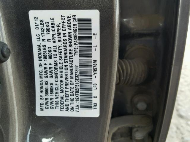 19XFB2F51CE327392 - 2012 HONDA CIVIC LX CHARCOAL photo 10