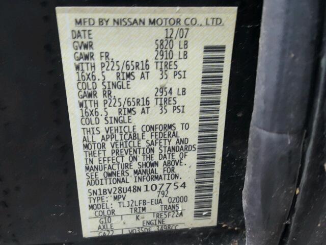 5N1BV28U48N107754 - 2008 NISSAN QUEST S BLACK photo 10