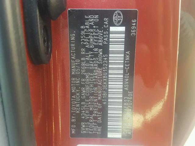 4T1BF3EKXBU152345 - 2011 TOYOTA CAMRY BASE RED photo 10