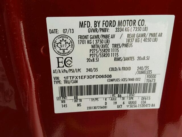 1FTFX1EF3DFD06508 - 2013 FORD F150 SUPER RED photo 10