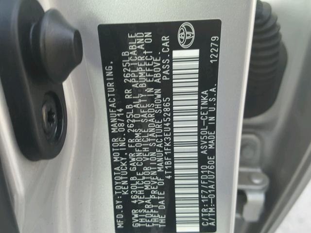 4T1BF1FK3EU452865 - 2014 TOYOTA CAMRY L SILVER photo 10