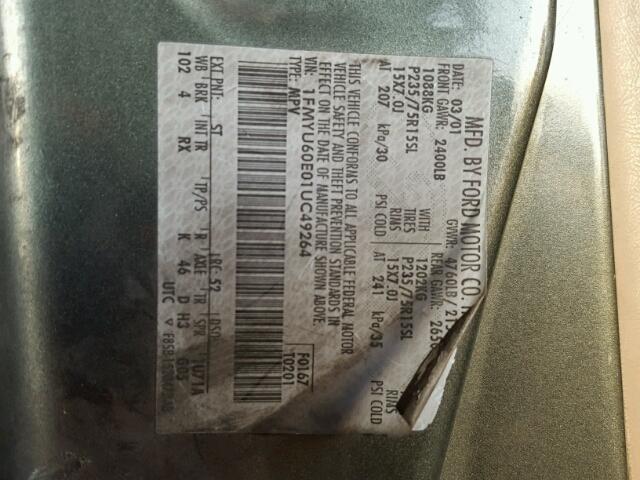 1FMYU60E01UC49264 - 2001 FORD EXPLORER S GREEN photo 10