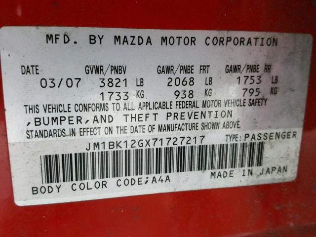 JM1BK12GX71727217 - 2007 MAZDA 3 I RED photo 10