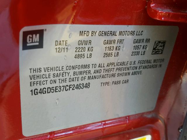 1G4GD5E37CF246348 - 2012 BUICK LACROSSE P BURGUNDY photo 10