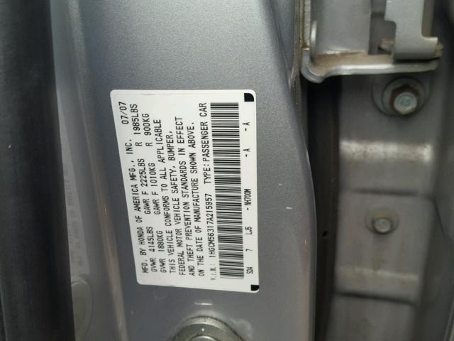 1HGCM56317A215957 - 2007 HONDA ACCORD SE SILVER photo 10