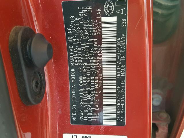 2T1BU40E49C181252 - 2009 TOYOTA COROLLA BA RED photo 10