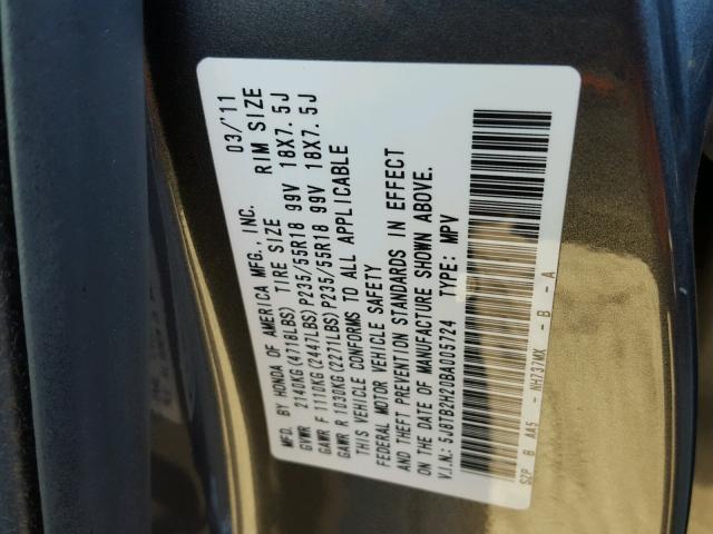 5J8TB2H20BA005724 - 2011 ACURA RDX GRAY photo 10