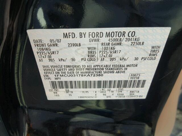 1FMCU03178KA72380 - 2008 FORD ESCAPE XLT BLACK photo 10