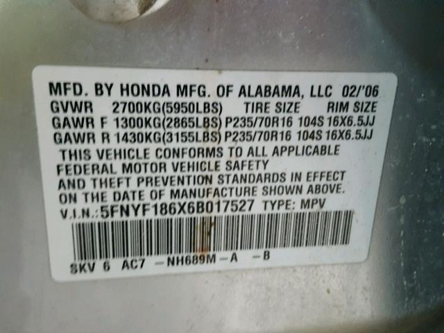 5FNYF186X6B017527 - 2006 HONDA PILOT EX SILVER photo 10