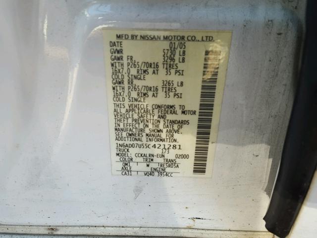 1N6AD07U55C421281 - 2005 NISSAN FRONTIER C WHITE photo 10