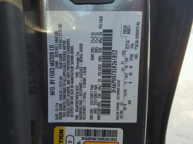 3FA6P0H7XER261852 - 2014 FORD FUSION SE GRAY photo 10