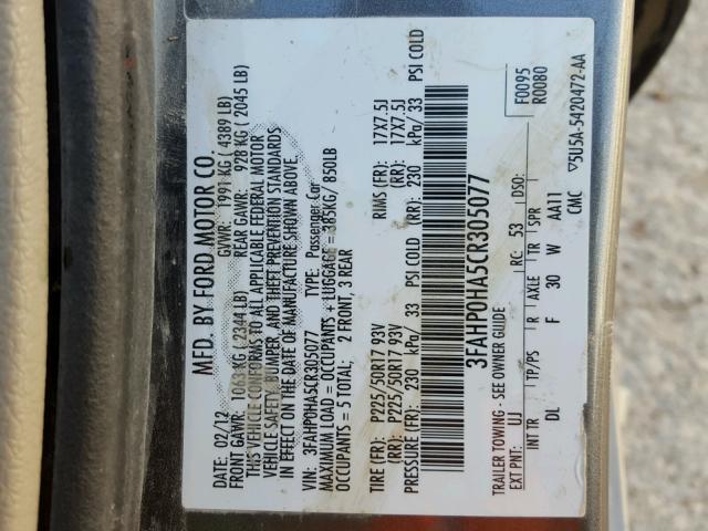 3FAHP0HA5CR305077 - 2012 FORD FUSION SE GRAY photo 10