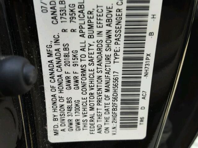 2HGFB2F56DH565617 - 2013 HONDA CIVIC LX BLACK photo 10