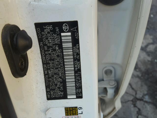 JTDKB20U440010375 - 2004 TOYOTA PRIUS WHITE photo 10