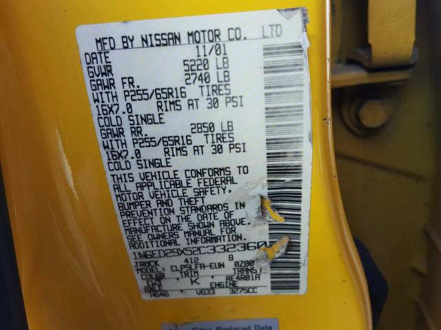 1N6ED29X52C332360 - 2002 NISSAN FRONTIER C YELLOW photo 10