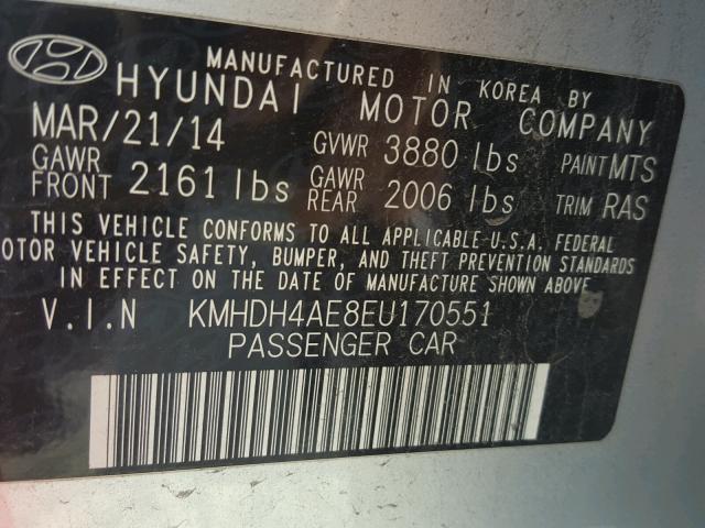 KMHDH4AE8EU170551 - 2014 HYUNDAI ELANTRA SE SILVER photo 10