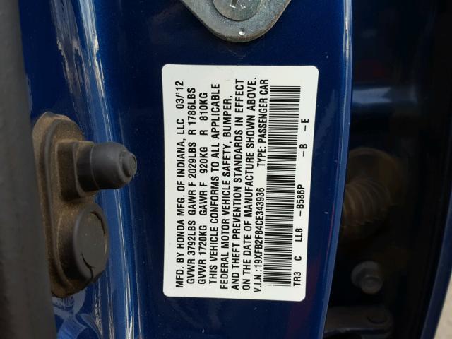 19XFB2F84CE343936 - 2012 HONDA CIVIC EX BLUE photo 10