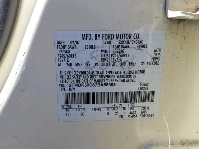 2FMDK39C67BA58998 - 2007 FORD EDGE SEL P CREAM photo 10