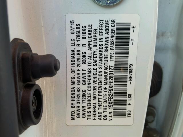 19XFB2F9XFE280127 - 2015 HONDA CIVIC EXL 白色 照片 10