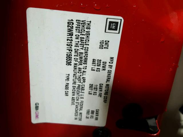 1G2WR12191F156536 - 2001 PONTIAC GRAND PRIX 红色 照片 10