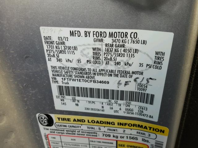 1FTFW1ET0CFB34669 - 2012 FORD F150 SUPER SILVER photo 10