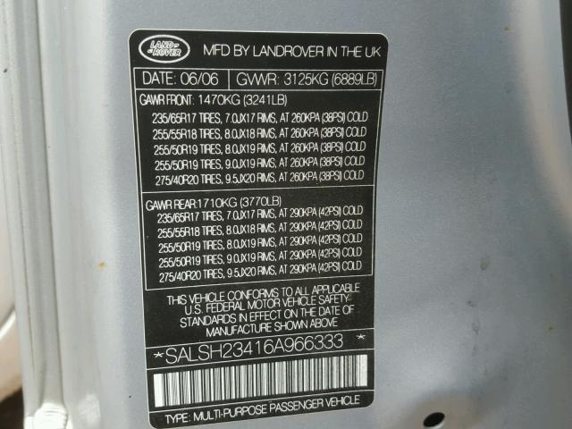 SALSH23416A966333 - 2006 LAND ROVER RANGE ROVE SILVER photo 10