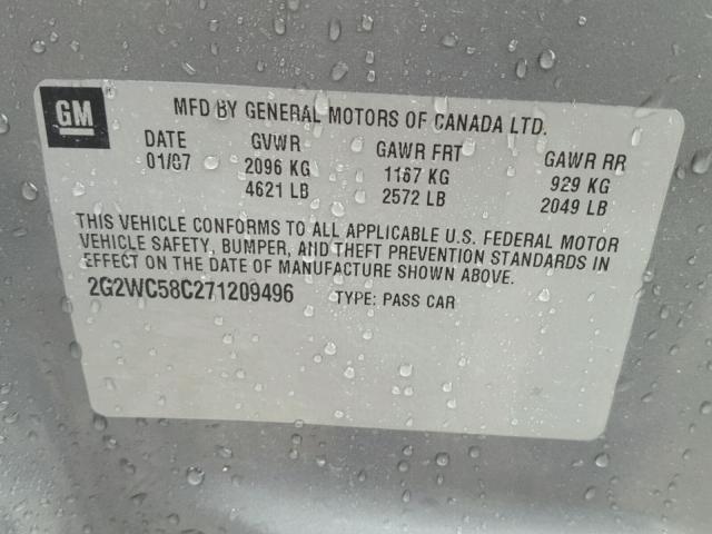 2G2WC58C271209496 - 2007 PONTIAC GRAND PRIX Մոխրագույն լուսանկար 10