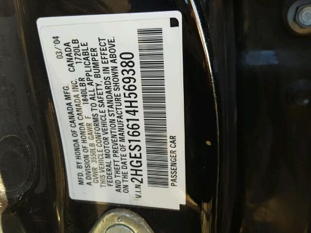 2HGES16614H569380 - 2004 HONDA CIVIC LX BLACK photo 10