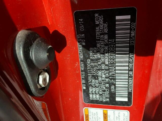 JF1ZNAA13E8708974 - 2014 TOYOTA SCION FR-S RED photo 10