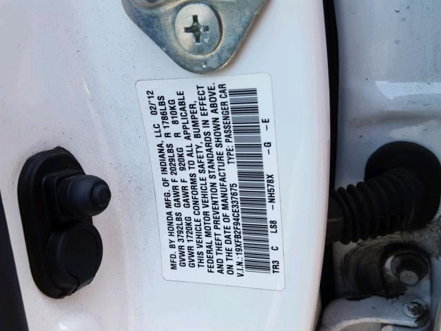 19XFB2F94CE337675 - 2012 HONDA CIVIC EXL WHITE photo 10