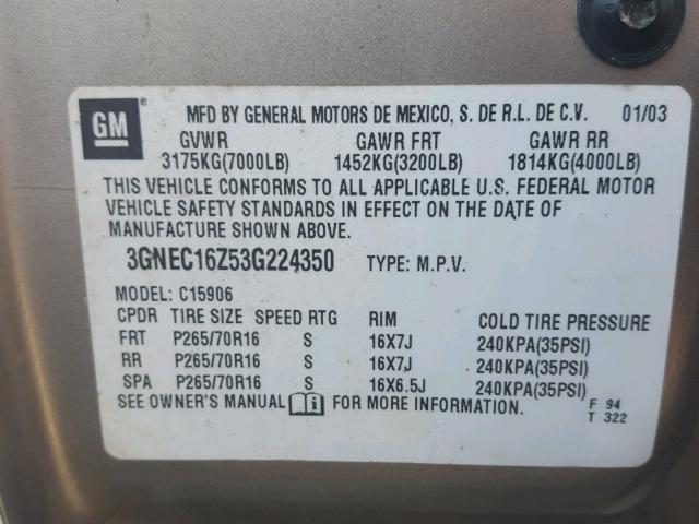 3GNEC16Z53G224350 - 2003 CHEVROLET SUBURBAN C SILVER photo 10